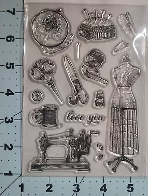 Vintage Sewing Machine Dress Form Clear Stamps Texture Card Clay FAST Free Ship • $10.39