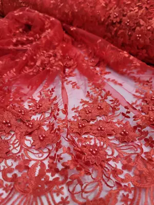 Red Beaded Lace Fabric 3d Floral Flowers Embroidered Pearls On Mesh Quinceañera • $39.99