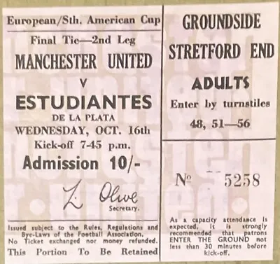£1.49 • Buy MANCHESTER UNITED V ESTUDIANTES. Match Ticket 1968.