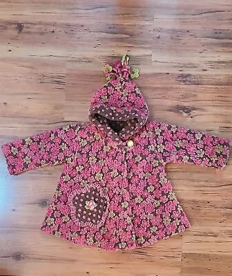 CORKY & COmpany Flower Polka Dot Swing Coat Jacket Hood 4T Pink Brown Zipper • $19.99