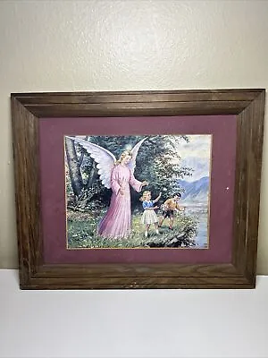 VTG Religious Guardian Angel W/ Children Framed Litho Print 1940s 16 X13  Small • $24.99