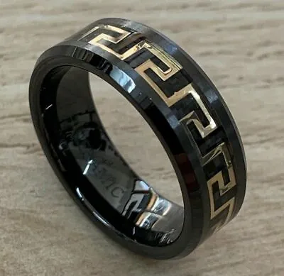 8mm Men Versace Ceramic Greek Key Gold & Black Carbon Inlay Wedding Band Ring • $26.66