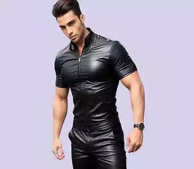 Handmade Soft Leather Shirt Genuine Black Leather Halfsleeve Shirt Slim Fit • $145.99