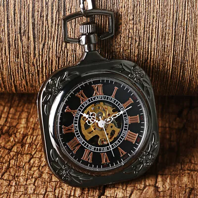 Black Open Face Mechanical Pocket Watch With Chain FOB Watches For Women Men • £19.18