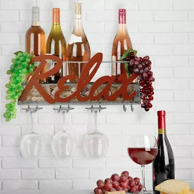 Wall Mounted Metal Relax 4 Glass And Bottle Holder Wine Cork Storage Rack NEW • $22.97