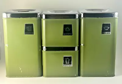 Vintage Avocado Green Chrome Canister Set Flour Sugar Coffee And Tea Made In USA • $19.95