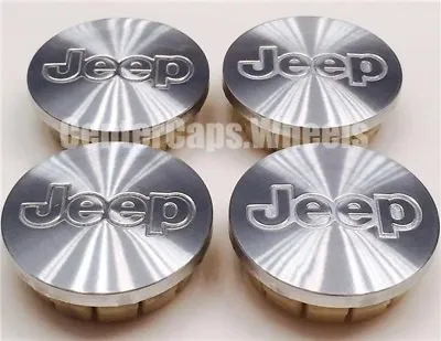 (4x) 1987-2010 Jeep 55mm MACHINED SILVER CENTER CAPS 2 3/16  BRUSHED Hub Caps • $34.58
