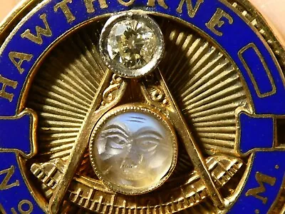 1955 Gold Diamond Moonstone Enamel Masonic HAWTHORNE LODGE 1040 Fob Jewel #T29 • £499
