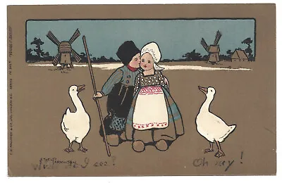 £1.95 • Buy Dutch Children Boy Girl Windmill Goose Artist Signed Ethel Parkinson Postcard