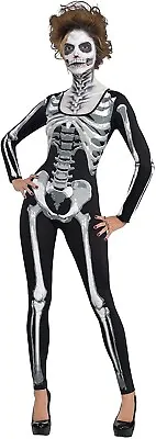 Ladies Skeleton Black & Bone Catsuit Bodysuit Halloween Fancy Dress Costume • £16.99