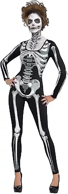 Ladies Skeleton Black & Bone Catsuit Bodysuit Halloween Fancy Dress Costume • £19.99