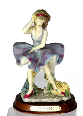 La Verona Collection Figurine Wood Base Woman Purple Dress Brunette Floral 8  • $28.99