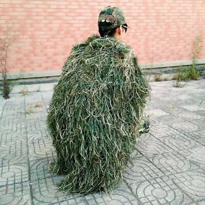 Men Ghillie Suit Woodland Camouflage Forest Hunting Ghillie Cover Hat 80x90 Cm • $24.99