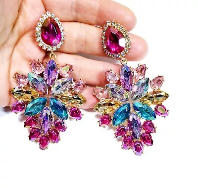 Colorful Crystal Bridesmaid Rhinestone Chandelier Drop Earrings 3.6 Inch Jewelry • $34.99