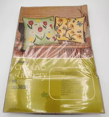 Vintage Crewel Stitchery Needlepoint Pillow Kit 582A Tulips Bumble Bees Design • $15