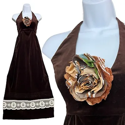 Vintage Prom Dress 1970s Velvet Brown Empire Waist Hippy Halter Maxi Dress • $49