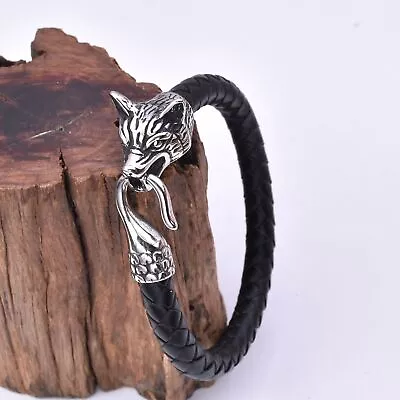 Silver Stainless Steel Viking 3D Wolf Leather Bracelet Cuff Bangle Amulet Gifts • $9.99