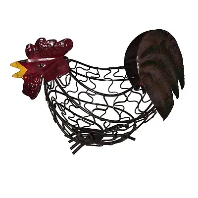Chicken Rooster Shaped Egg Basket Painted Metal Twisted Wire Country Decor • $17.96
