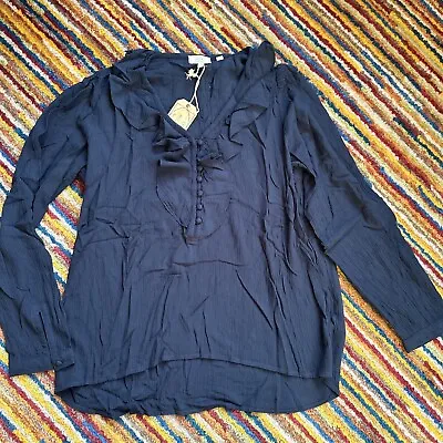 NEW Fat Face Ruffle Shirt T Shirt Long Sleeve Top 12 Ladies Clothing BNWT Navy • £18