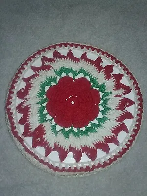 Near Mint Vintage Crochet Potholder Hot Pad Trivet Floral Pattern Red Rose • $7.50