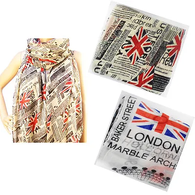 GB Newspaper Scarf Shawl UK Flag Print Union Jack London Souvenir Long Neck Wrap • £3.99