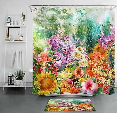 Colourful Flower Shower Curtain Watercolor Sunflower Bathroom Accessories Set • $10.99