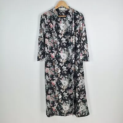 Miss Holly Womens Maxi Kimono Duster Robe Size XS Black Floral 3/4 Sleeve 006292 • $18.40