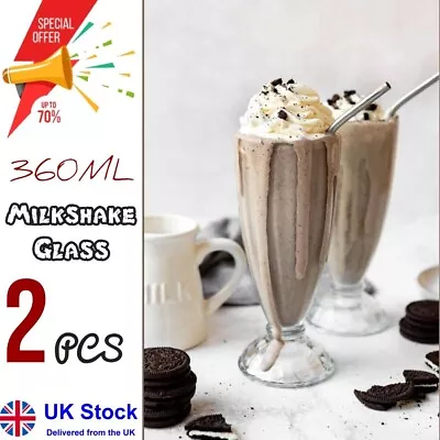 Pack 2 Milkshake Glasses Clear Sundae Ice-Cream Soda Dessert Vintage Tall 360ML • £9.99