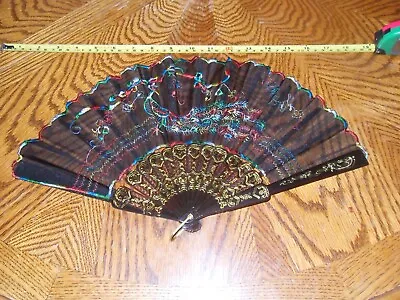 Large Japanese Peacock Vintage Folding Hand Fan Celluloid Fabric Floral Lace • $15.95