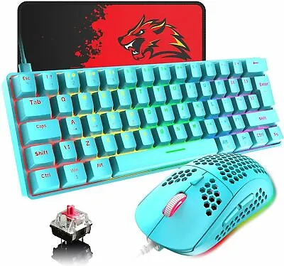 $58.89 • Buy 60% Wired Mechanical Gaming Keyboard Mouse And Mat Set RGB Backlit Blue Switch