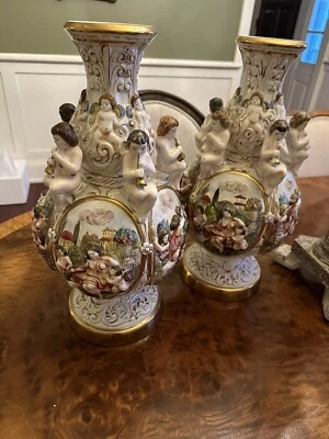 $175 • Buy ONE Large Vintage Capodimonte Bernini Italy Vase Cherubs Gold