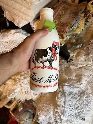 Vintage 10” Egizia White Glass Fresh Milk Bottle W/o Cap Cow • $18