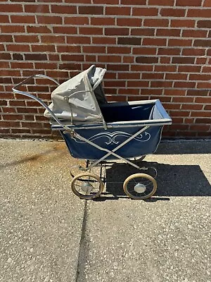 Vintage Mid-Century Baby Doll Buggy Pram Stroller - Blue White- Collapsible • $169