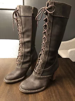 Frye Brown Distressed Leather Villager Lace Tall Witchy Zelda Medieval Boot Sz 6 • $155