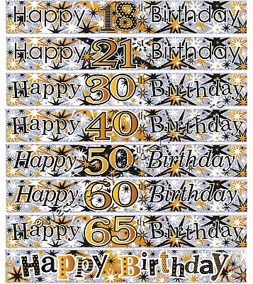 9ft Sparkly Happy Birthday Foil Banner Silver Gold Black Party Decor Boys Girls • £1.78