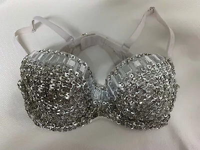 BODY C BRA SIZE SMALL Sequin SILVER Beaded Embellished Fancy BELLYdance Costume • $24.74