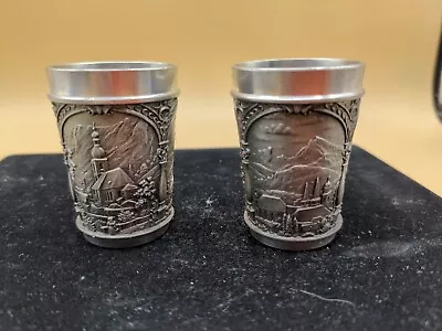 NK FEIN ZINN Pair Of 2 Matching Pewter 3-Scene Shot Glasses 2  X 1.5  DIN 17810 • $29.99