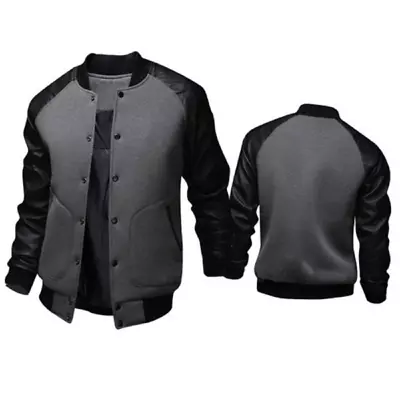 Men's Baseball Jacket Big Pockets Leather Sleeves Sports Stand-up Collar Jacket • $50.20