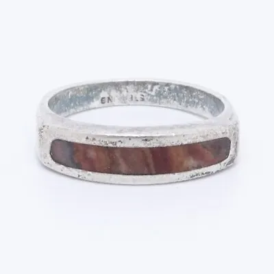 Sterling Silver Vintage Agate Inlay Slim Signet Band Ring Size 5.5 • $14.24