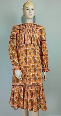 Vintage Retro 70's  Style Orange & Brown Floral Print Hippy Midi Day Dress S • £15
