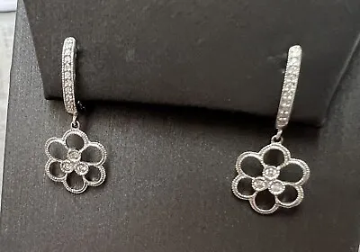 Vintage 10K White Gold Diamond Flower Filigree Dangle Earrings • $175