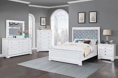 ON SALE - Modern White Finish Queen King Faux Leather Bedroom Set Furniture IA7Y • $2482.76