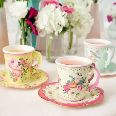 Vintage Floral Paper Cups And Saucers | Afternoon Tea Party Wedding Birthday X12 • $14.74