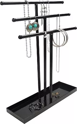 BELLE VOUS Black Metal 3 Tier Jewellery Display Stand & Storage Base Tray Holder • £15.49