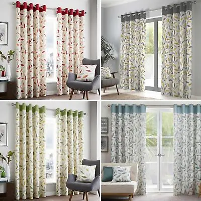 Beechwood Eyelet Curtains Leaf Print Ready Made Lined Ring Top Curtain Pairs • £29