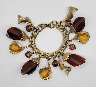 Vintage Chunky Charm Bracelet Gold Tone Chain And Bakelite Lucite Charms • $17