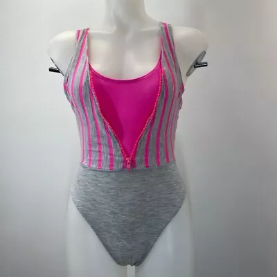 Vintage Marika French Cut Leotard Gray W Pink Strips ZIP  Aerobic Wear SZ M • $55