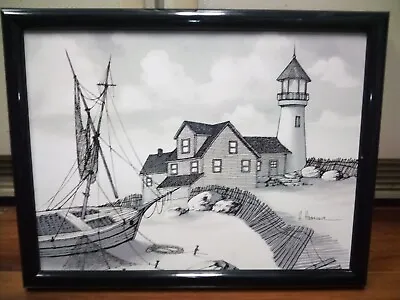 H. Hargrove Black & White  Mystic Marina Lighthouse  AP Painting 12x16 Maine • $295