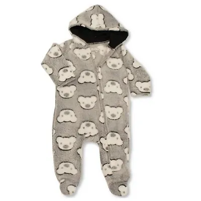 Baby Fleece Romper Pram Suit Sleepsuit All In One Hooded 1Onesie Boys Girls Bear • £7.95