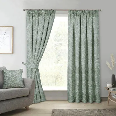 Sage Keswick Floral Jacquard Weave Lined Tape Top Pencil Pleat Curtains Pair • £13.99